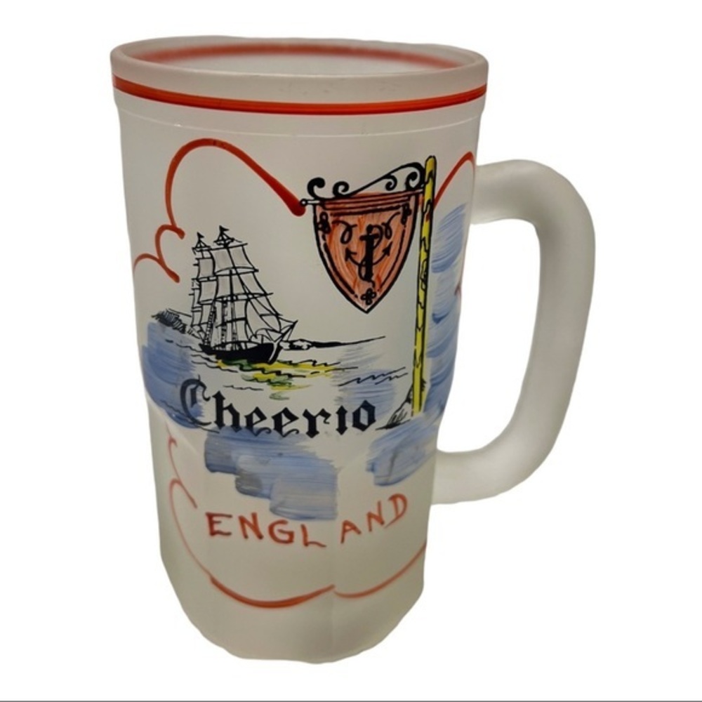HAZEL ATLAS Vintage Gay Fad Frosted Glass Beer Mug Hand Painted Cheerio England